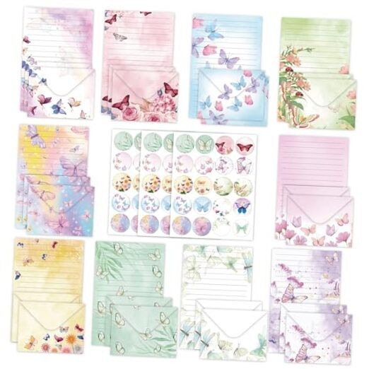 160 Pcs Watercolor Stationery Paper and Envelopes Set, 50 Pcs Butterfly Letter