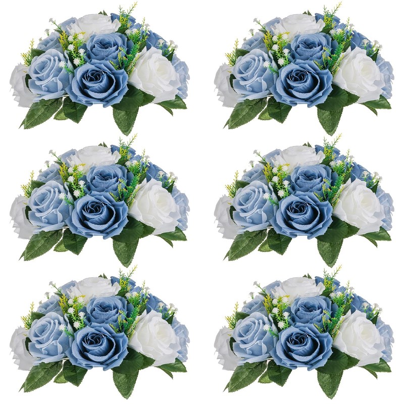 NUPTIO Wedding Floral Centerpieces: 6 Dusty Blue & White Fake Flowers 9.5″