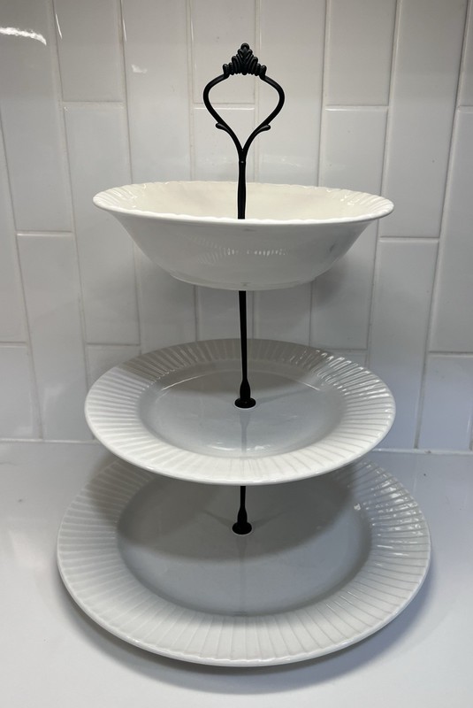 Tiered Cake Dessert Stand 3 Tier White Plates Black Connectors