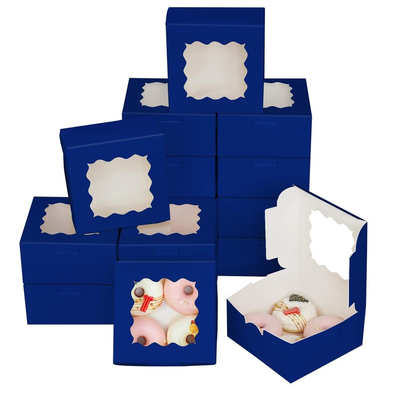 60 PCS Navy Blue Cookie Boxes With Window 6x6x3 Inch Easy Assemble Bakery Box
