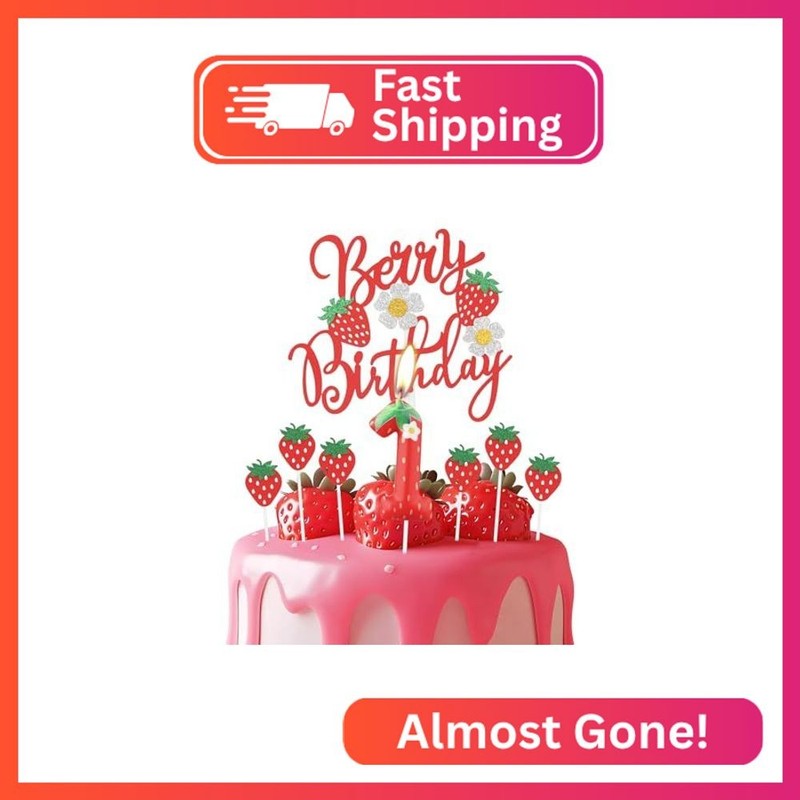 iNINGER Strawberry 1st Birthday Candle,Strawberry Number Happy Birthday Cake Top
