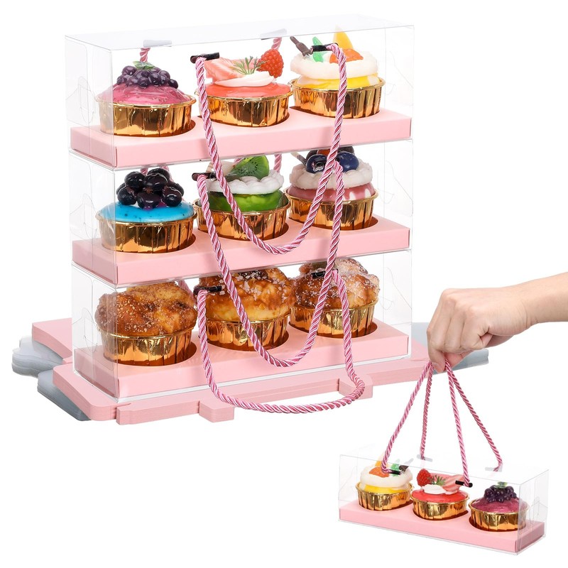 EUSOAR Clear Cupcake Boxes, 20 Pcs 9″x3″x3″ Pink Portable Muffins Cupcake Con…