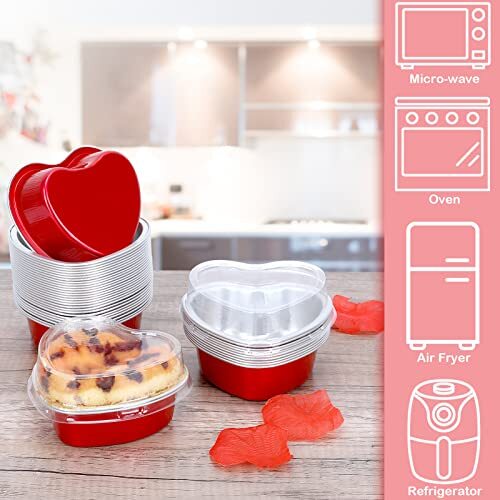 Heart Shaped Cake Pans 3.4oz Red Mini Aluminum Foil Baking Cups with 60 Pack gallery