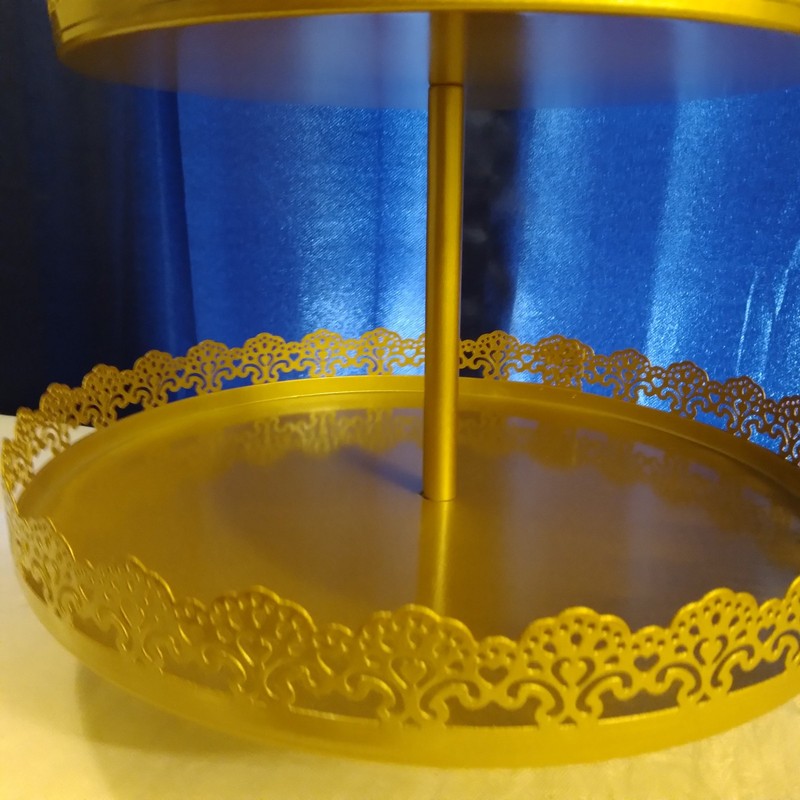 NWOT Gold 2 Tier Metal Tray/Lace Edge/Handle 15"Tx6"Base 10"Top & 12"Bottom Tier gallery