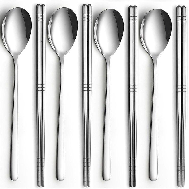 4 Set Korean Chopsticks and Spoons, Stainless Steel Metal Set, Reusable Flat …