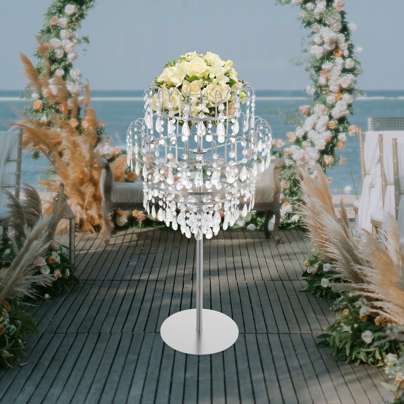 5-Tier Crystal Bead Flower Stand Clear Silver – 75cm Floor or Tabletop Wedding