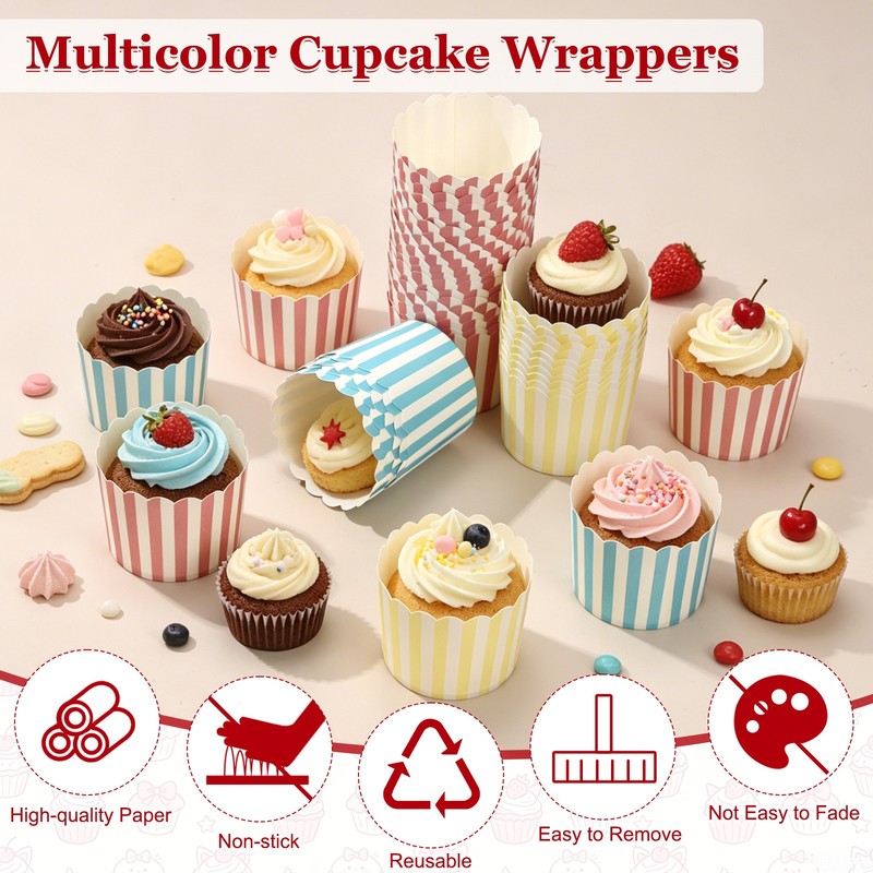 100pcs Paper Baking Cupcake Cups with Handwritten Toppers, Pinstripes&Yellow gallery