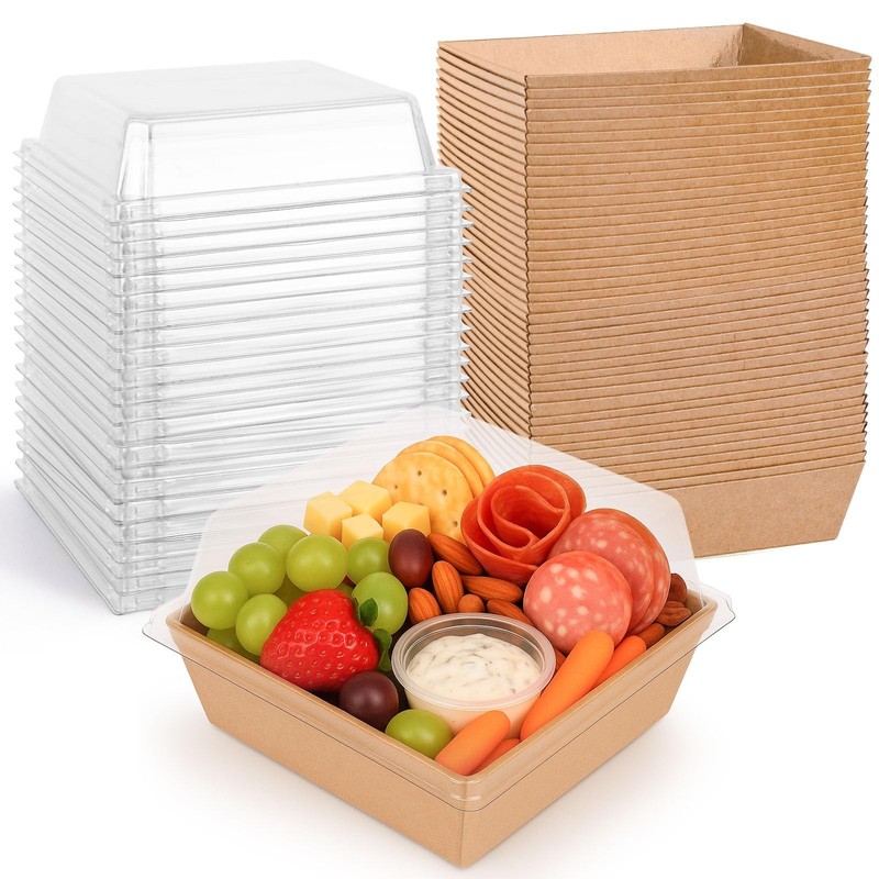 48 PCS 5.3×4.9×2.6 Inch Brown Charcuterie Boxes with Clear Lids for Bakery