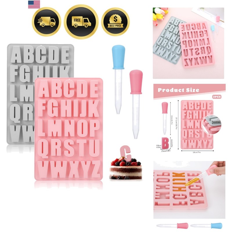 2 Pack Letter Molds for Chocolate, Alphabet Silicone Molds with 2 Droppers | …