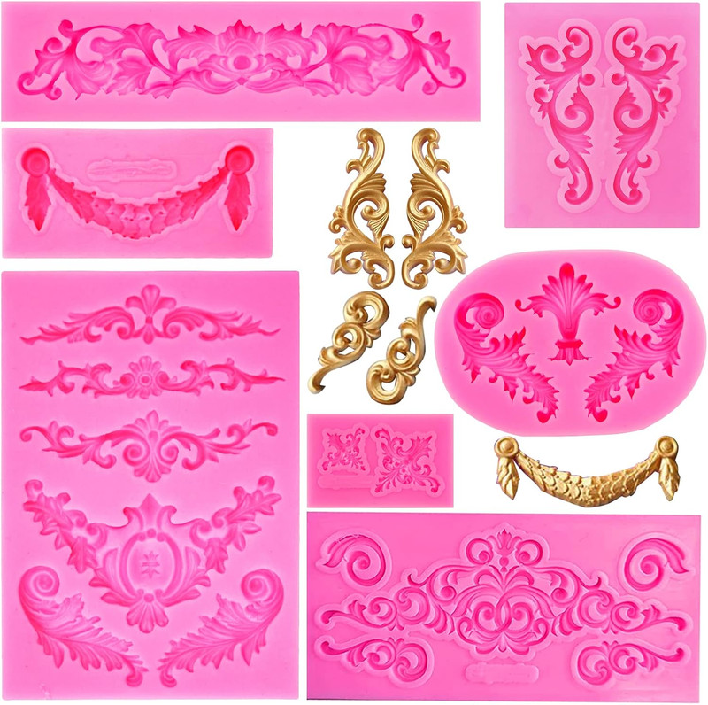 7Pcs Baroque Style Curlicues Scroll Lace Silicone Fondant Molds, Relief Flower M