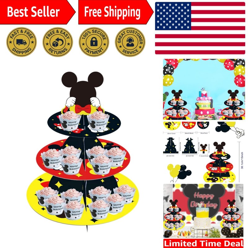Large 3-Tier Mickey Minnie Cupcake Stand for Birthdays & Showers – 12-Inch Tray