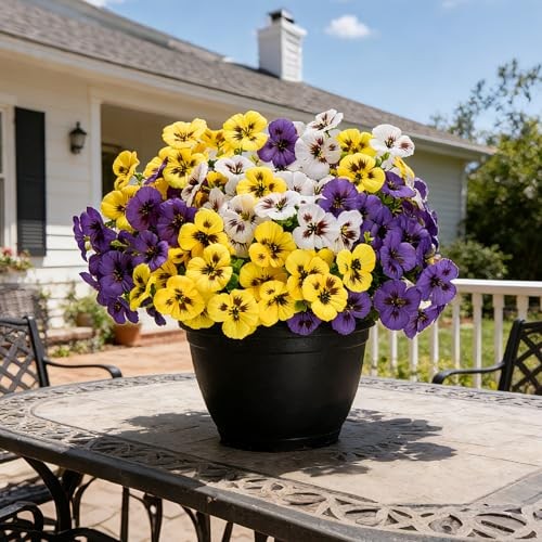 Artificial Pansies Flowers for Outdoors, 12 Pcs Faux Yellow White Purple,12 Pcs gallery