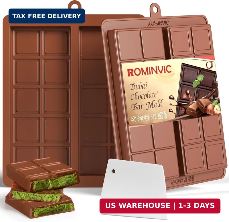 Chocolate Bar Mold,2 Pack 2 in 1 Dubai Chocolate Molds and Scraper for Stuffed B