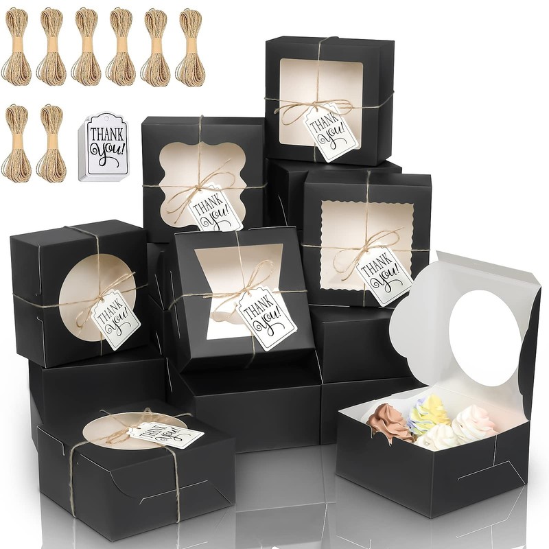 65 PCS Black 6x6x3 Inch Bakery Boxes Window 5 Style Small Pastry Treat Box