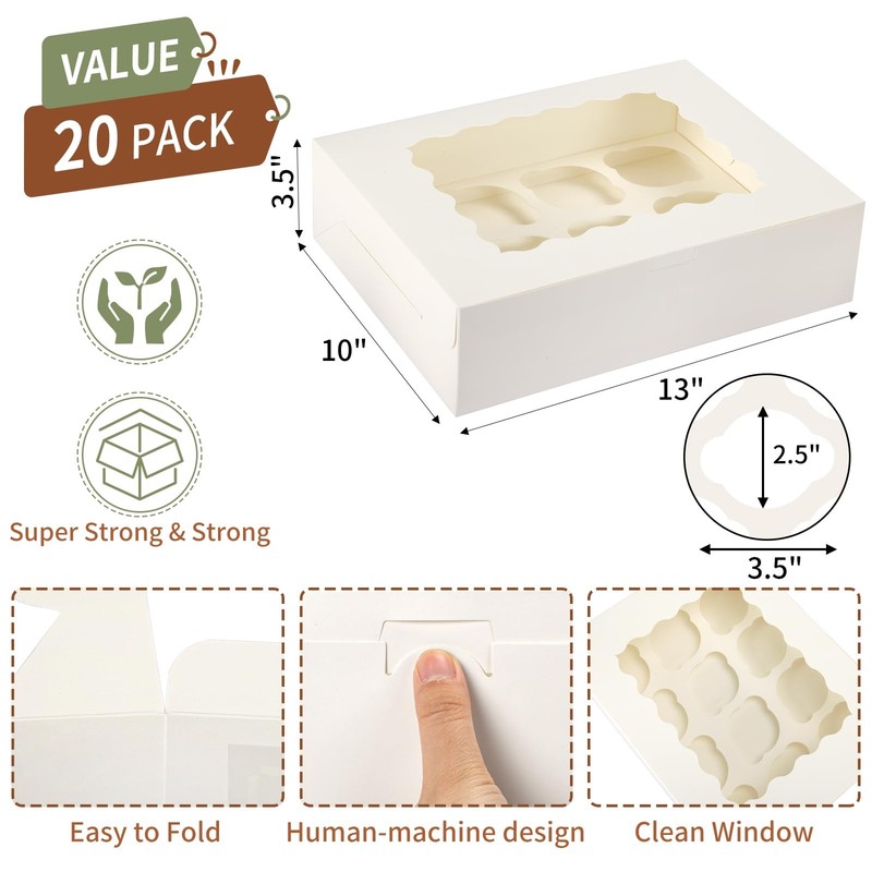 20 PCS Cupcake Boxes 12 Count 13x10x3.5 Inch White Containers Bakery Holders gallery