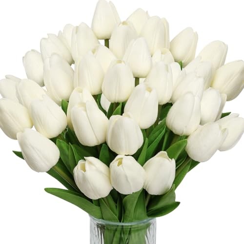 pcs Tulips Artificial Flowers, Artificial Latex Real Touch Tulips 30 White