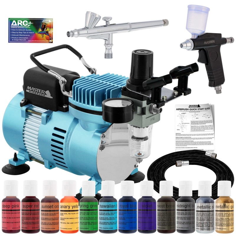 2 Airbrush Cake Decorating Compressor Kit, 12 Color Chefmaster Food Coloring Set