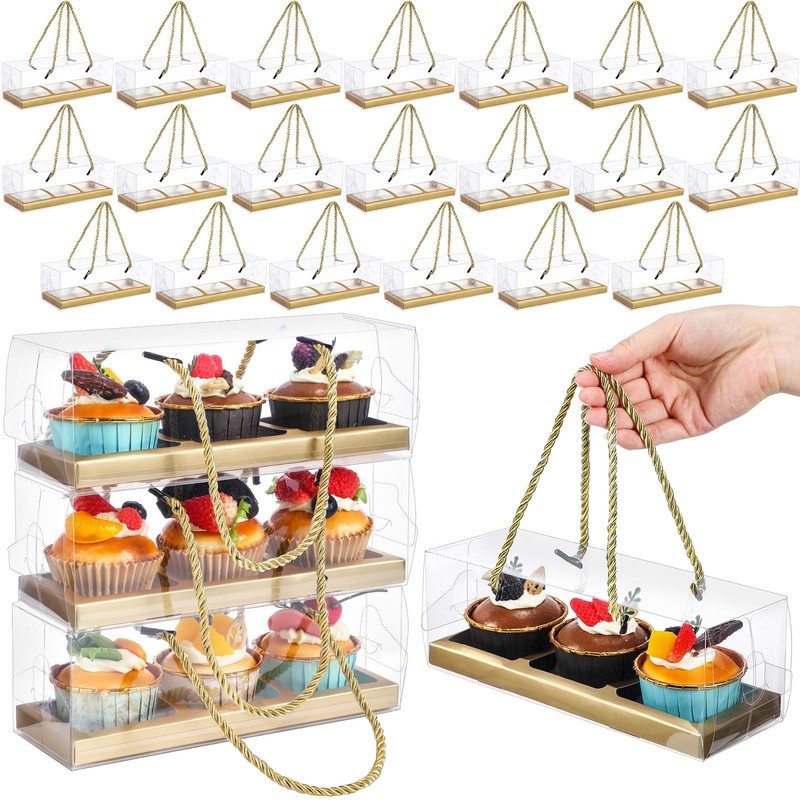 24 PCS Clear 3 Cupcake Boxes 9x3x3 Inch Portable Gold Rope Handle Carrier