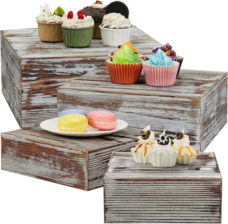 Set of 4 Wood Display Risers Rustic Cupcake Stand Wooden Stackable Display Box W gallery