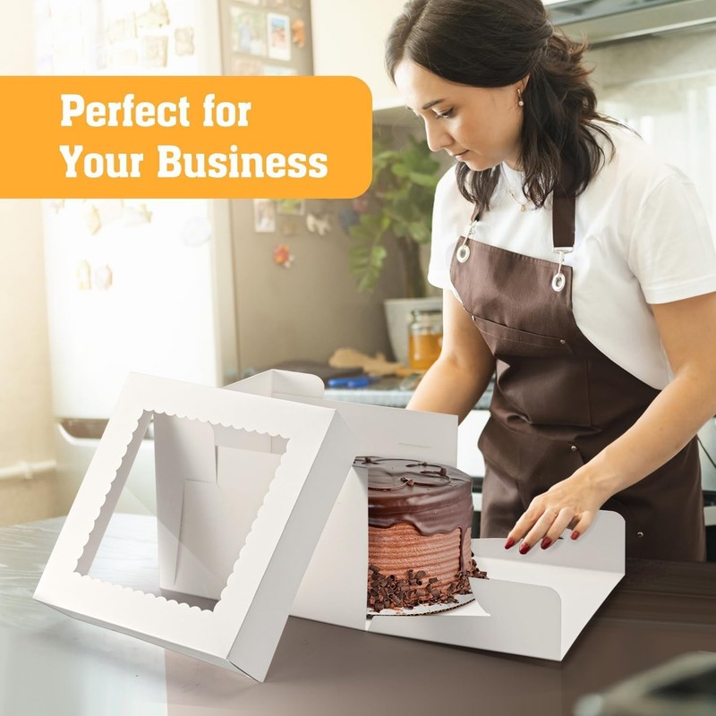 4 Pack 10x10x8 Inch White Bakery Cake Boxes Window With Boards Square Treat Set gallery