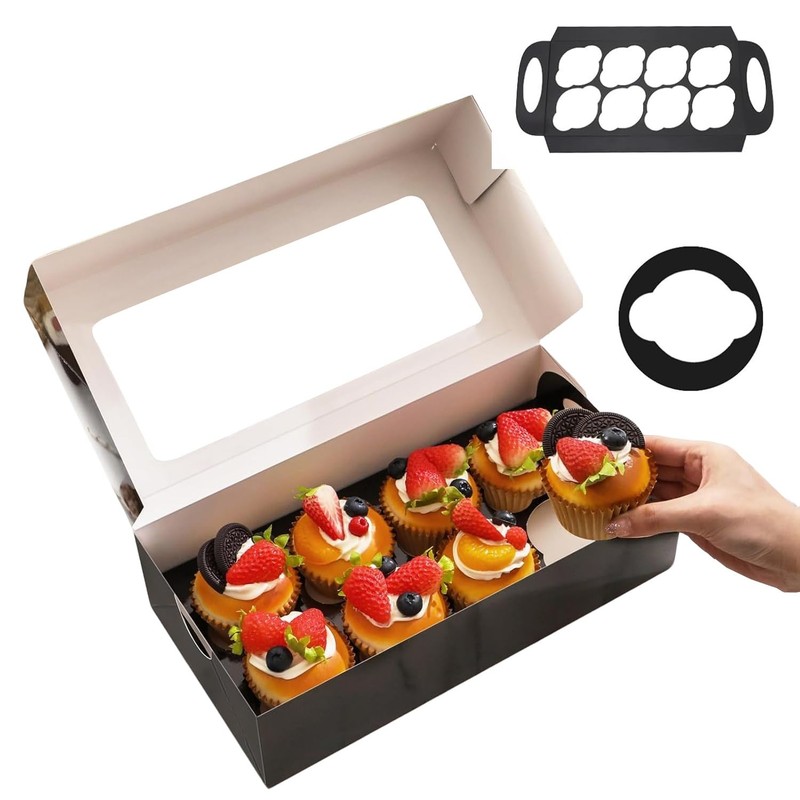 15 PCS Black Cupcake Boxes 8Count With Window & Inserts Bakery Containers