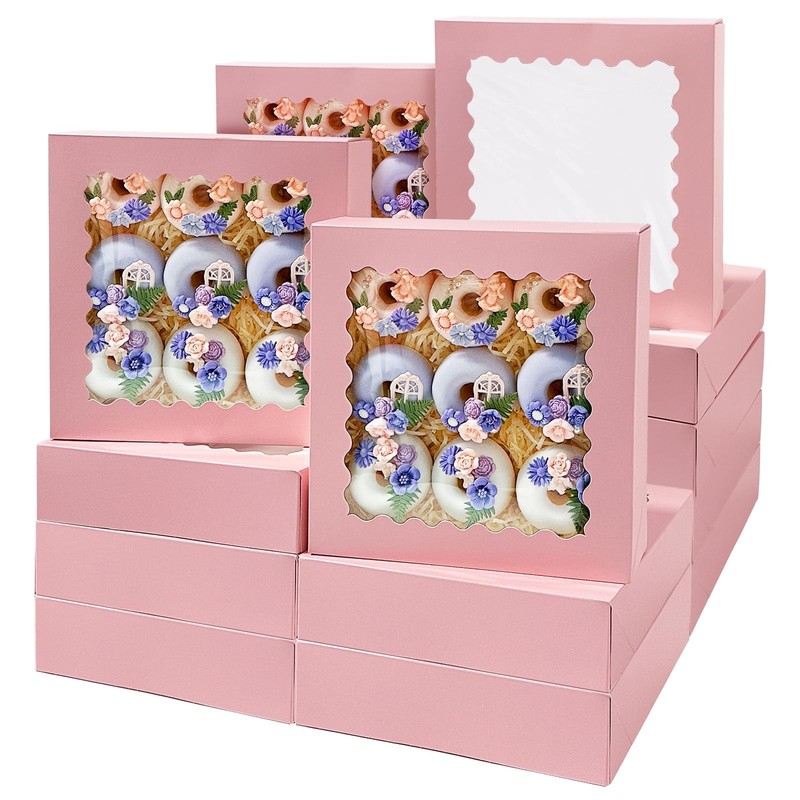 36 PCS 10x10x2.5 Inch Pink Pie Boxes Macaroon Cookie Bakery Window Pop Up