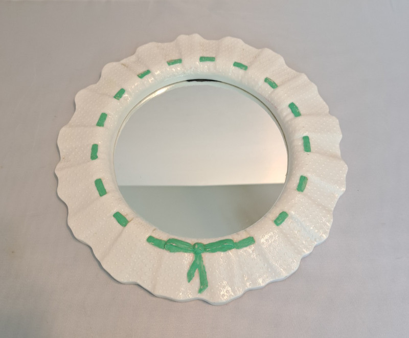 Vtg Green & White Dot Mirror 10×10, Plastic Hanging Wall Ribbon Accent Mirror
