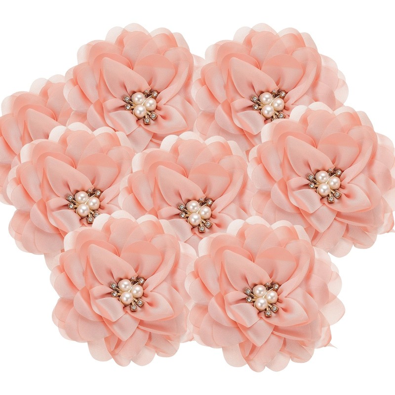 3.15 in Rhinestone Chiffon Flower, 5 Pcs Fabric Appliques, Light Pink
