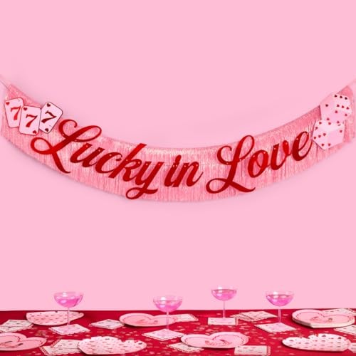 Lucky in Love Fringe Banner – Red Foil & Pink Iridescent, 5 Ft. | Western