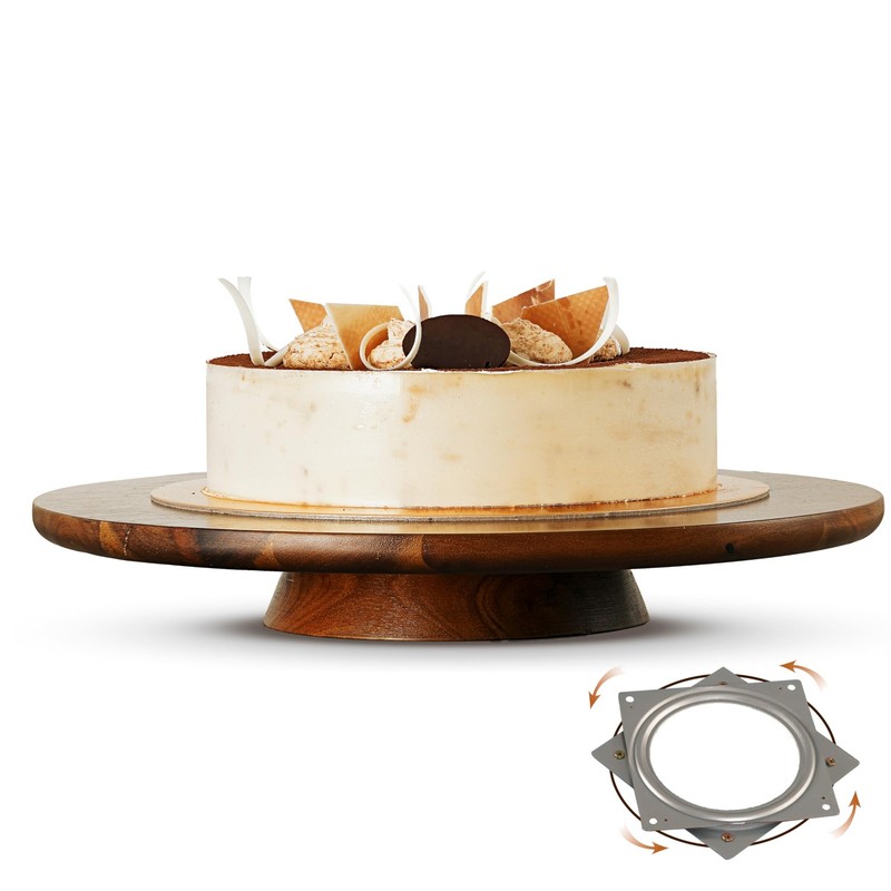 Soporte giratorio para tartas de acacia de 33 cm, de madera rústica con pedestal
