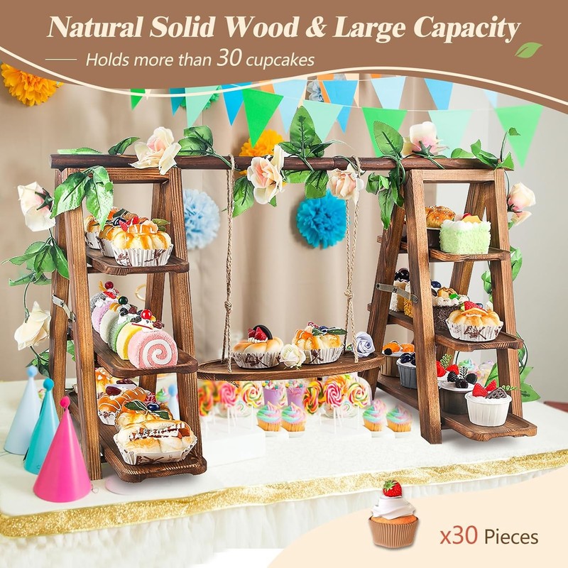 Wooden 3 Tier Cupcake Stand W/ Swing & Flower Decoration Serving Removable Tray gallery