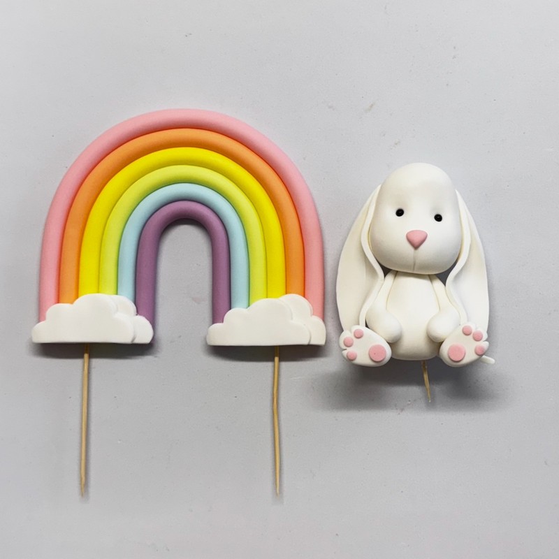 Fondant Large Rainbow & Bunny Rabbit Cake Topper Decoration Set
