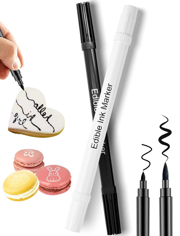 Edible Markers 2Pcs Black & White Food Grade Pens Double-Sided Fine & Thick Tips