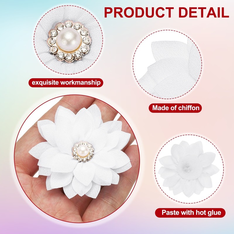 2.36 in Rhinestone Chiffon Flower, 6 Pcs Fabric Appliques, White gallery