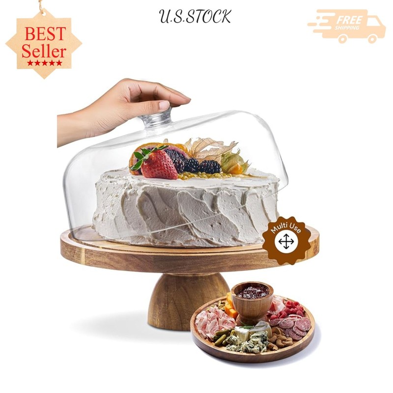 Acacia Wood Cake Stand with Lid, 12in Round Cake Holder, 2-in-1 Dessert