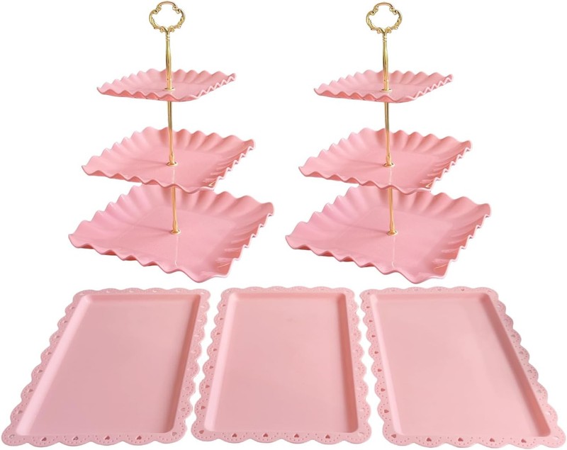 5 Pcs Cupcake Stand Set Pink Plastic Dessert Table Display Set 2x Pink Square 3