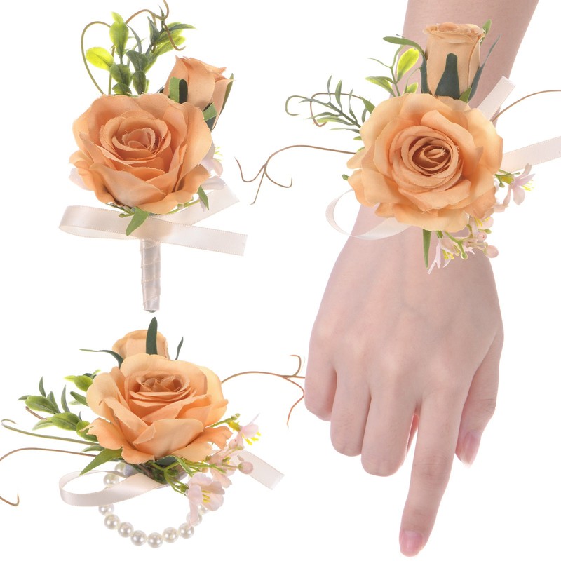 1-Set Wrist Corsage Boutonnieres Set, Flower Wrist Corsage Bracelet [Orange]