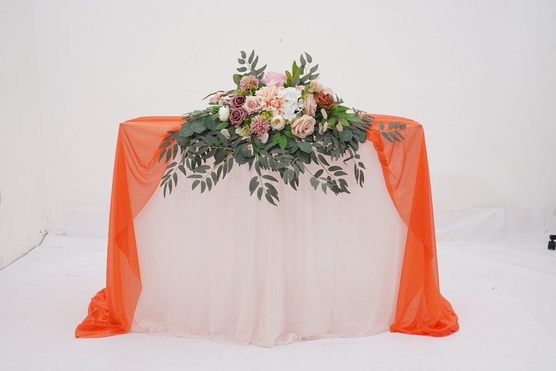 Artificial Flowers Peach Pink Set with Table Runner Cloth Centerpiece Decor