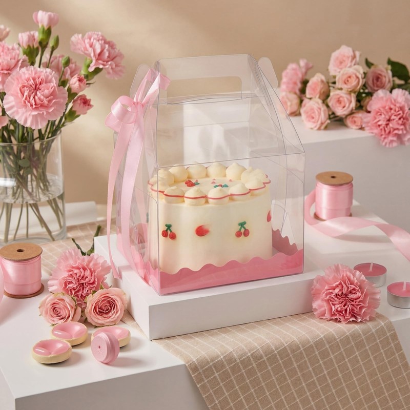 15 Pcs Clear Cake Boxes 6 x 6 x 8.3 Inch Clear Bakery Gift Boxes with Pink Ri…