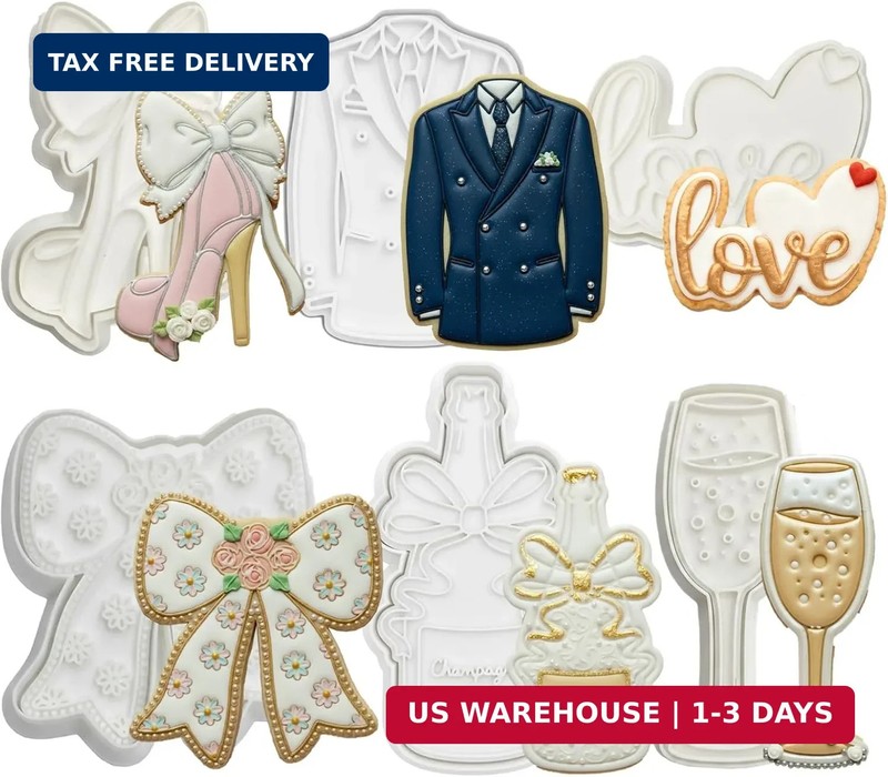 Wedding Cookie Cutters Set of 6 Dress Molds 3.5″ with Plunger Stamps Baking Doug