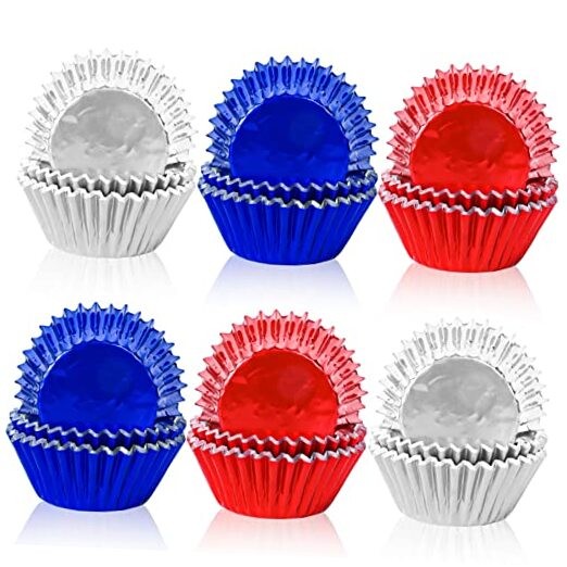 150Pcs Patriotic Cupcake Liners 4th of July Baking Cups – Foil Red Blue Silver
