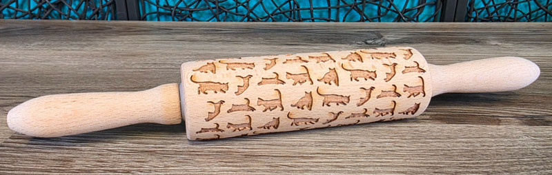 Rolling Pin Wooden Embossed Cats 13″ Pie Dough Cookies Holiday New Other