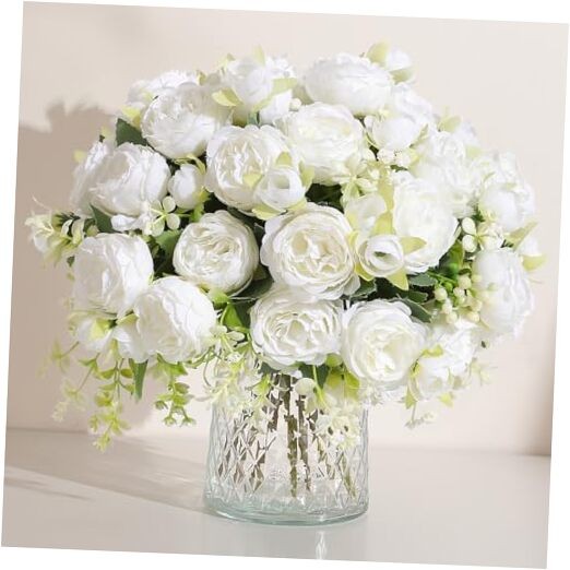 8 Packs Peonies Artificial Flowers Vintage Faux Peony Bouquet Fake White-8pcs