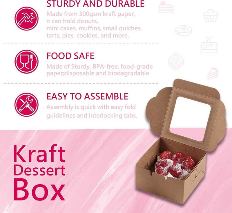 Bubbley Kraft Paper Bakery Boxes - 25-Pack Single Pastry Box 4-Inch, Packaging gallery