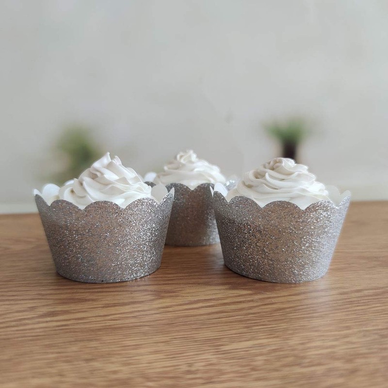 Silver Glitter Scalloped Cupcake Wrappers Wedding Birthday Cake 24 Pack gallery
