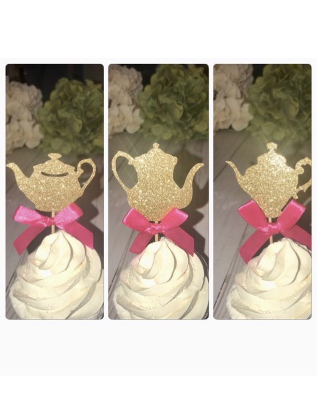 Tea party cupcake toppers, tea party decoration, teapot cupcake topper