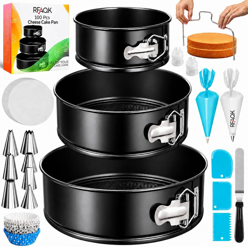 RFAQK 100Pcs Cake Pan Sets for Baking + Cake Decorating Supplies: 3 Non-Stick Sp