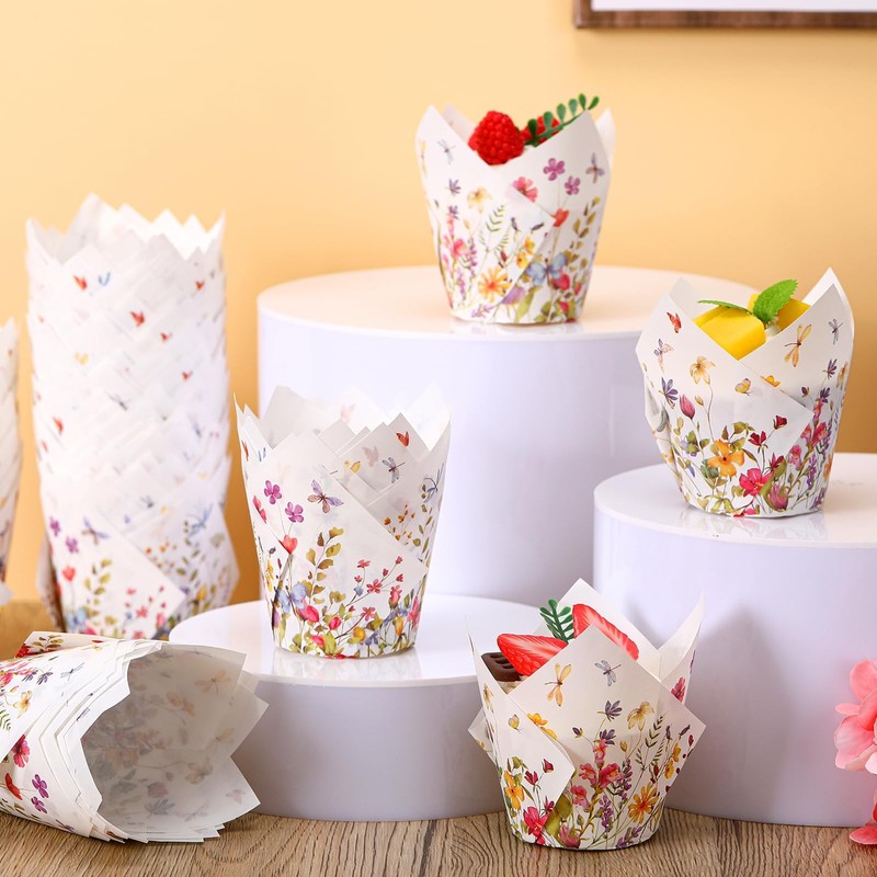 200 Counts Wildflower Tulip Cupcake Liners Baby Shower Baking Cups Spring gallery