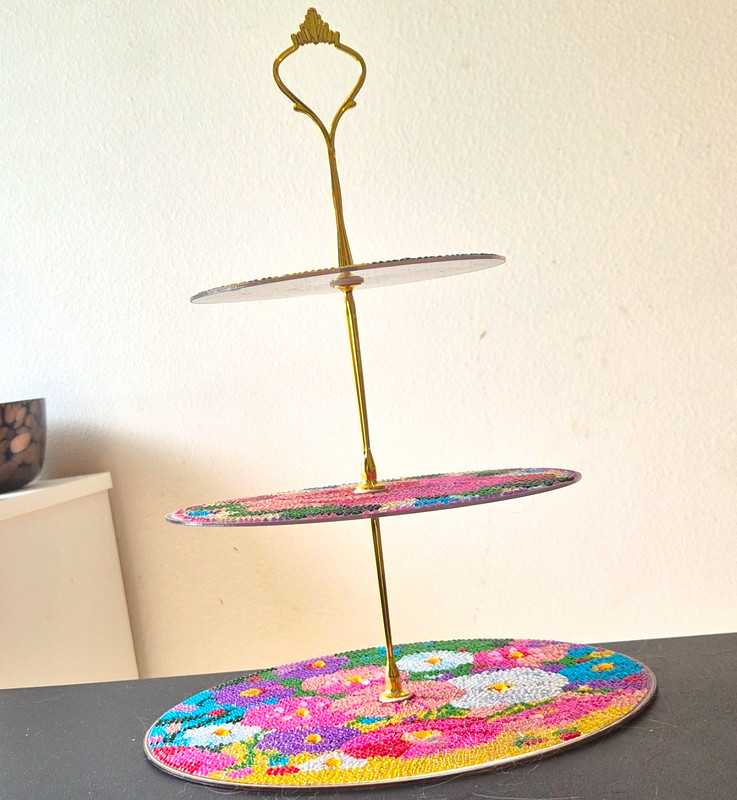 3-Tier Round Floral Multicolor Resin Stand Gold Finish Handle 12 in