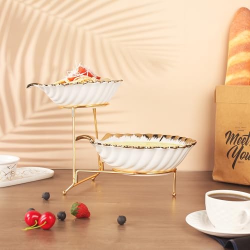 2-Tier Serving Rack with Ceramic Serving Bowls, Foldable Gold Stand with 2 gallery
